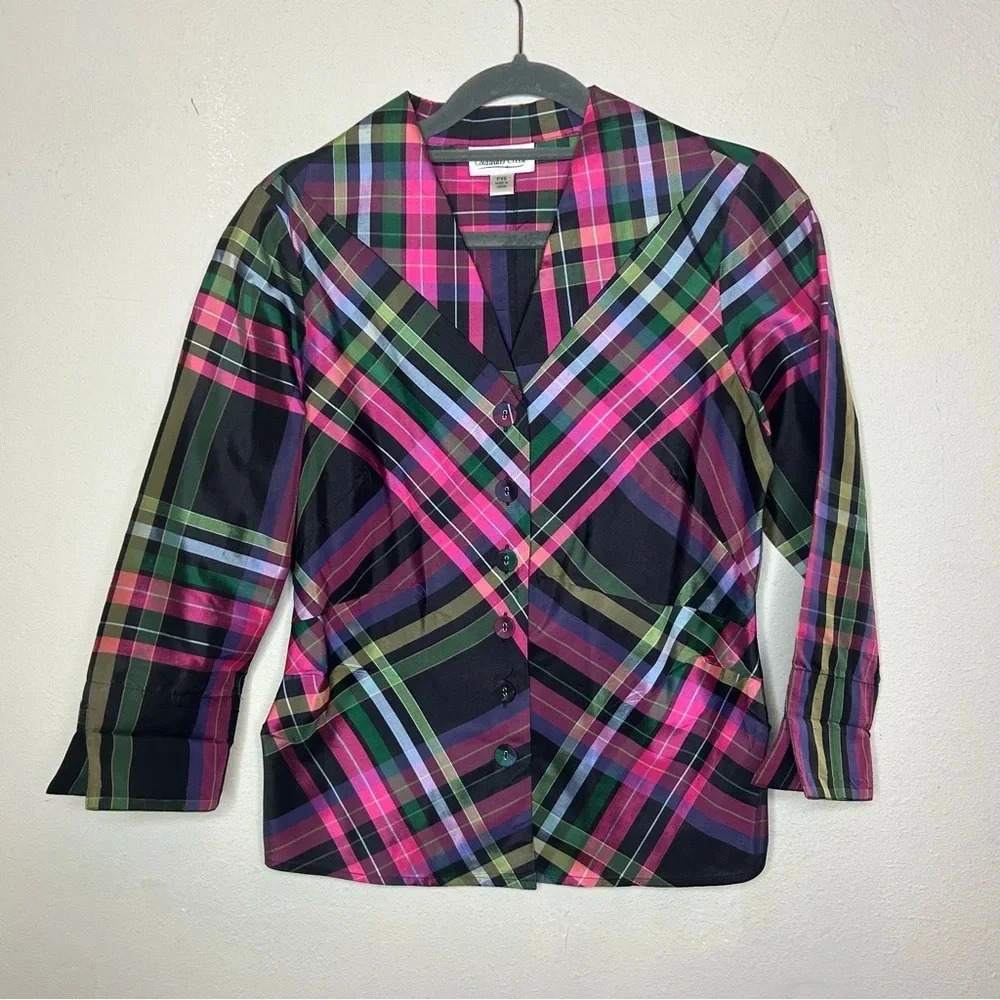 Coldwater Creek Silk Blend Plaid Structured Blouse Size XSP
